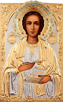 Икона живописная великомученика и целителя Пантелеимона 70х110, масло, риза №149, золочение, эмаль, стразы