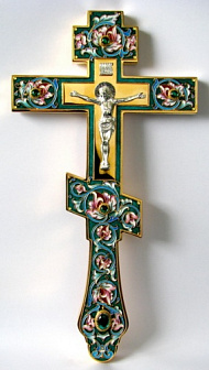 Крест напрестольный филигрань, эмаль, роспись, литьевое распятие / золочение