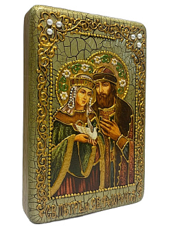 Настольная икона ''Петр и Февронья'' на мореном дубе