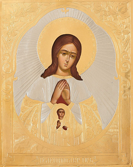 Икона живописная Божией Матери «Помощница в родах» 13х18, масло, риза №104, золочение