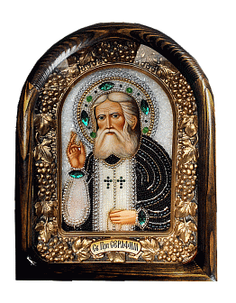 Икона св.прп. Серафим Саровский бисерная, багет, в деревянной раме