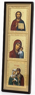Икона Триптих в киоте 20х70 сложный, темпера, рамка золочёная Спаситель Казанская Петр и Феврония