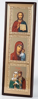 Икона Триптих в киоте 20х70 сложный, темпера №8, рамка золочёная Спаситель Казанская Петр и Феврония