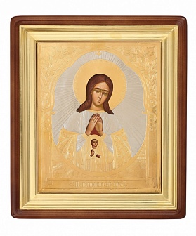 Икона живописная в киоте 13х18 масло, объемная риза №104 золочение, золоченый подрамник Помощница в родах