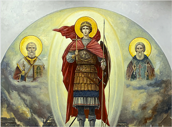 Флаг 050 Георгий Победоносец, Николай Чудотворец, Дмитрий Донской, 180х135 см СЕТКА Флаг 050 Георгий Победоносец, Николай Чудотворец, Дмитрий Донской, 180х135 см СЕТКА