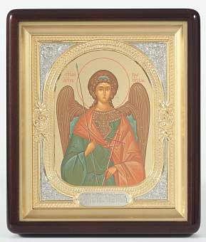 Икона в киоте 18х24 фигурный, темпера №8, риза-рамка объемная, открытая, золочёная, никелирование Ангел-Хранитель